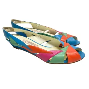 Vintage 80s Connie Apex Slingback Open Toe Wedge Sandal Multicolor Sz 9