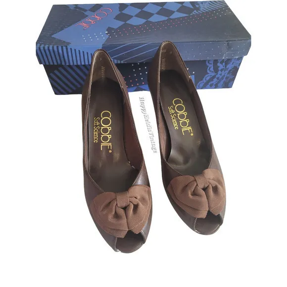 Vintage Cobbie Brown Felicity Dark Academia Open Toe‎ Bow Pump Shoes