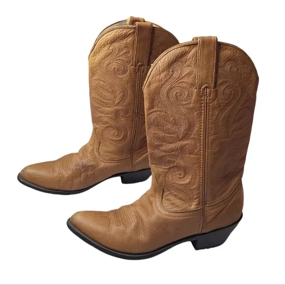 Vintage Durango men's tan leather western cowboy boots, embroidered 9M