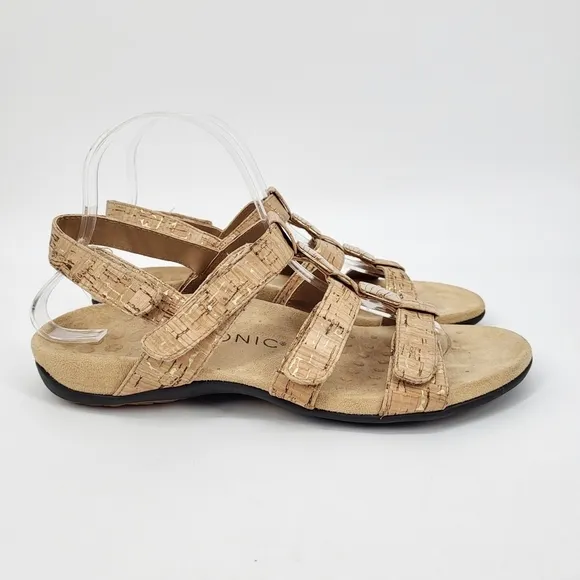 Vionic Amber Adjustable Sandals Gold Cork Open Toe Comfort Insole Size 9