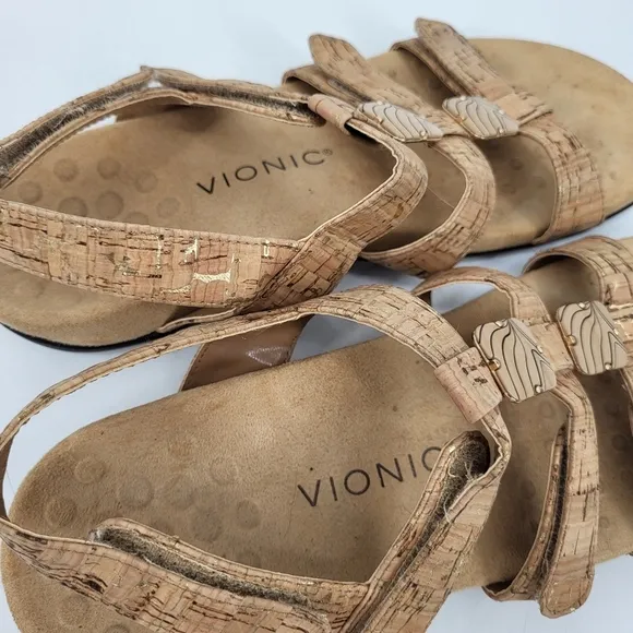 Vionic Amber Adjustable Sandals Gold Cork Open Toe Comfort Insole Size 9
