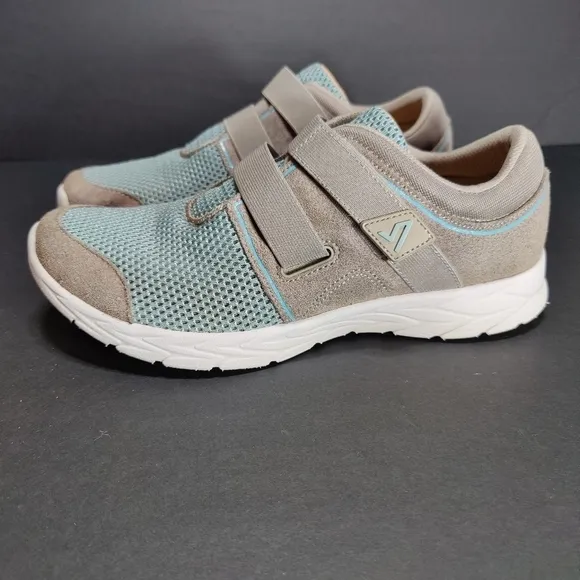VIONIC Brisk Ema Gray Leather Blue Knit  Adjustable Strap Sneaker Women's Size 9