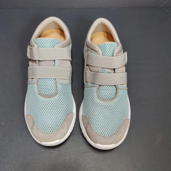 VIONIC Brisk Ema Gray Leather Blue Knit  Adjustable Strap Sneaker Women's Size 9