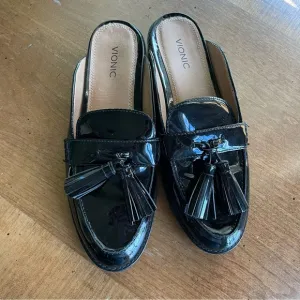 Vionic Reagan Black Patent Leather Tassel Loafer Mules Comfort Slip On Flats