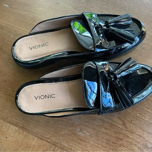 Vionic Reagan Black Patent Leather Tassel Loafer Mules Comfort Slip On Flats