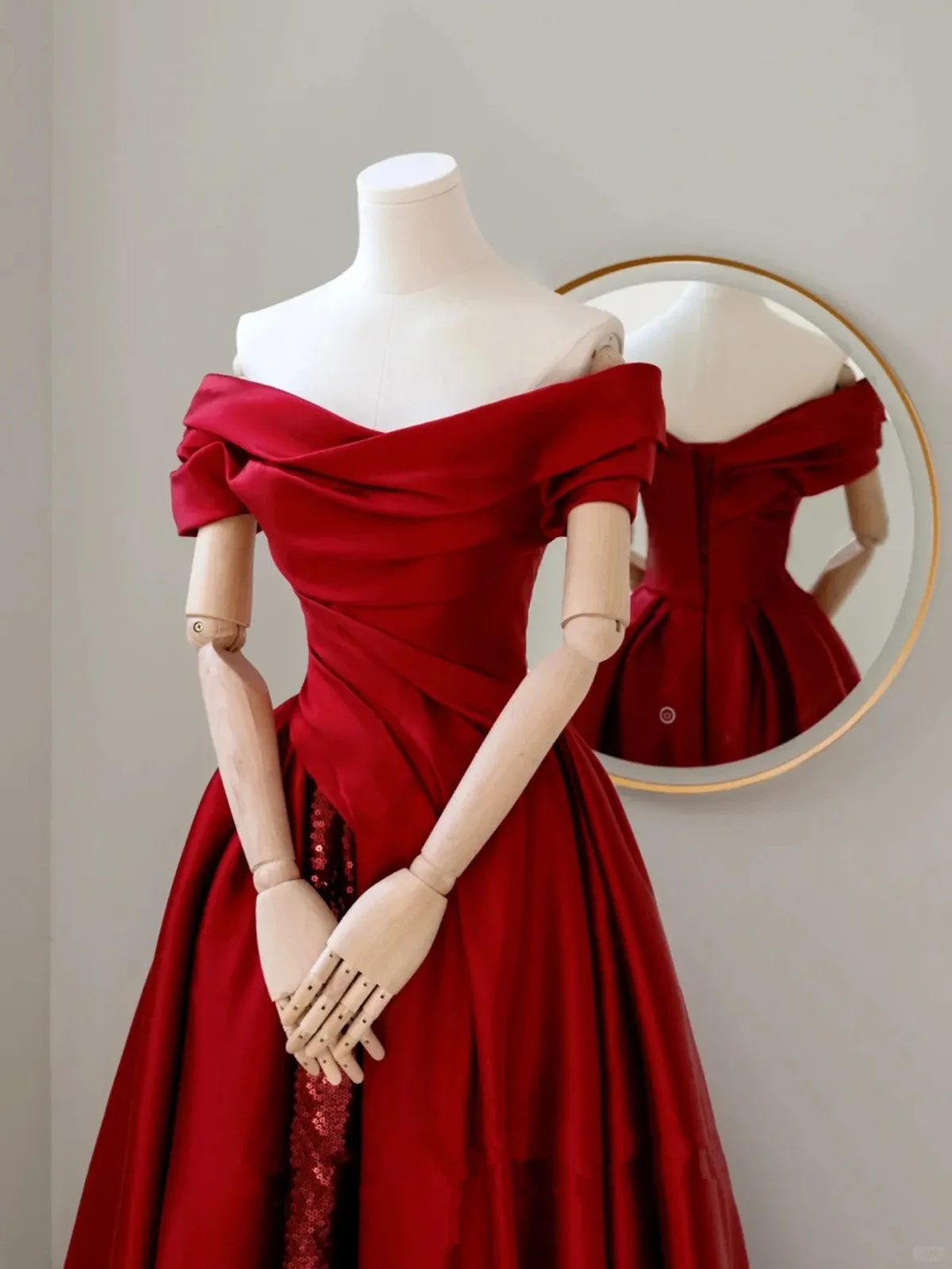 Wine Red Satin and Sequins Off Shoulder Party Dress, Red Satin Long Prom Dress