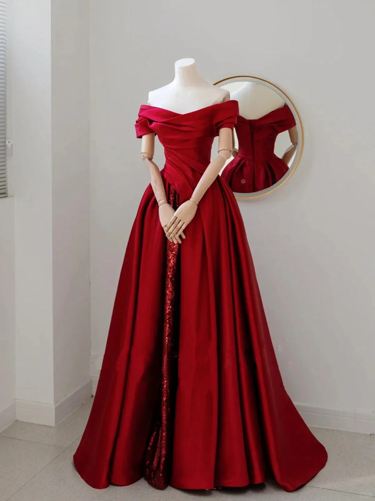 Wine Red Satin and Sequins Off Shoulder Party Dress, Red Satin Long Prom Dress