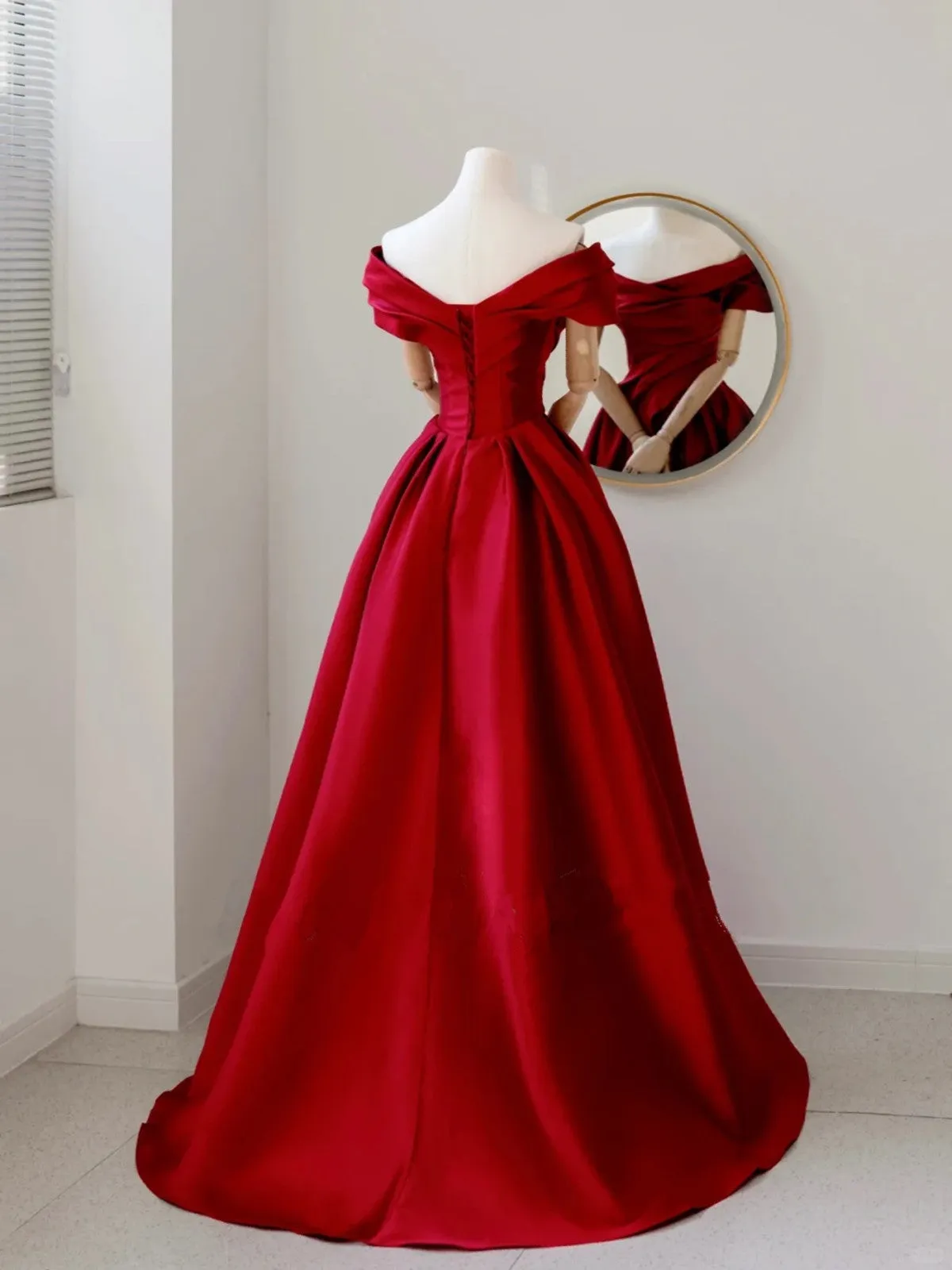 Wine Red Satin and Sequins Off Shoulder Party Dress, Red Satin Long Prom Dress