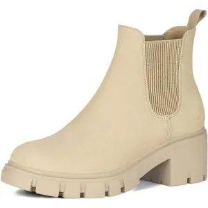 Women's Boots Lug Sole Chunky Heel Slip on Elastic Ankle Booties, Apricot