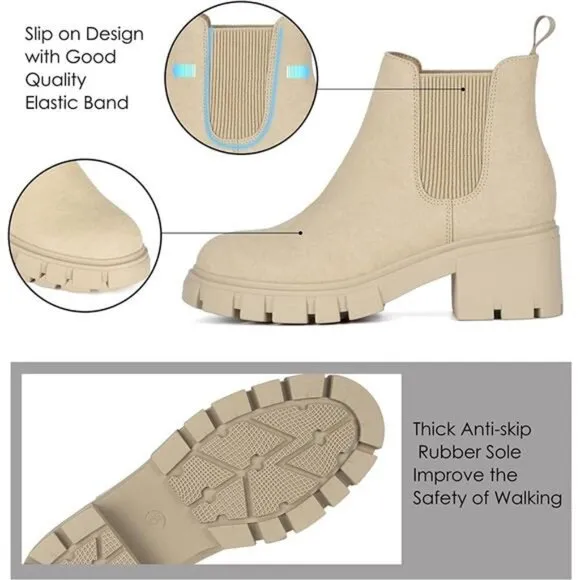 Women's Boots Lug Sole Chunky Heel Slip on Elastic Ankle Booties, Apricot