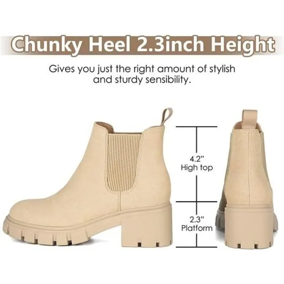 Women's Boots Lug Sole Chunky Heel Slip on Elastic Ankle Booties, Apricot
