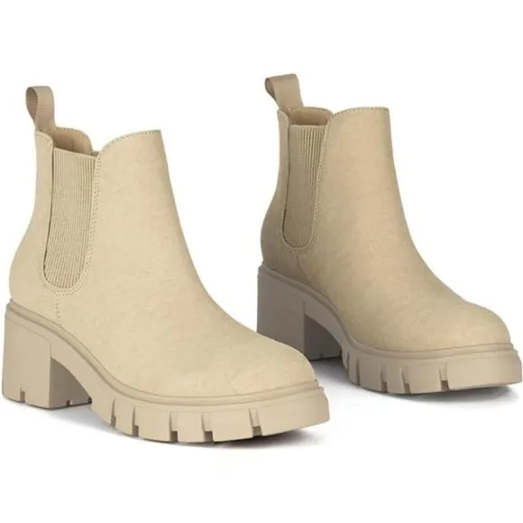 Women's Boots Lug Sole Chunky Heel Slip on Elastic Ankle Booties, Apricot