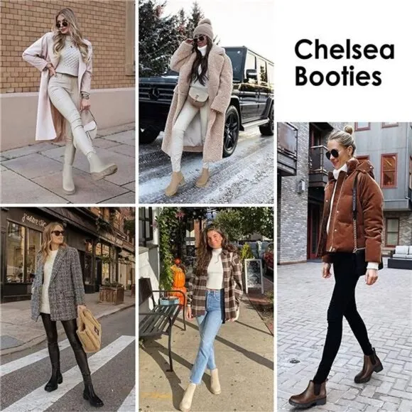 Women's Boots Lug Sole Chunky Heel Slip on Elastic Ankle Booties, Apricot