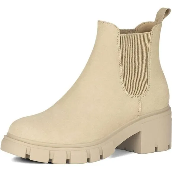 Women's Boots Lug Sole Chunky Heel Slip on Elastic Ankle Booties, Apricot