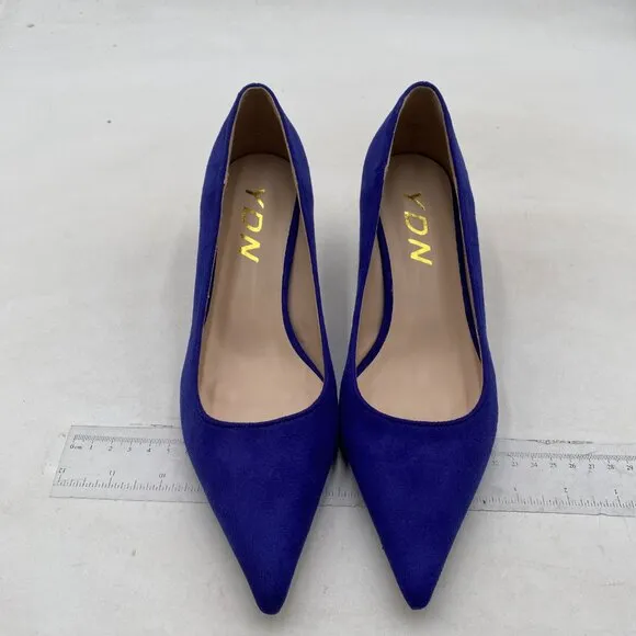 YDN Women's Low Kitten Heeled Pumps Pointed Toe Dress Shoes Blue Suede Shoes
