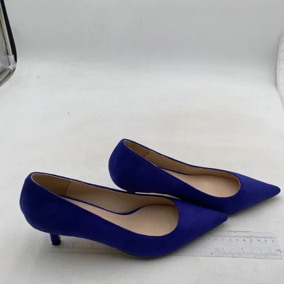 YDN Women's Low Kitten Heeled Pumps Pointed Toe Dress Shoes Blue Suede Shoes