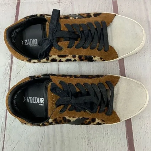 Zadig &amp; Voltaire BR/BLK Leopard Half Calf Leather Sneakers Womens EU 10 US 10