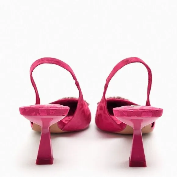Zara Fuchsia Heels Slingbacks With Ornament Jewels New