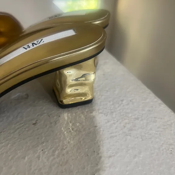 Zara Gold Kitten Heels Mules Sandals Holidays Comfort Party Shoes Celebration 5‎