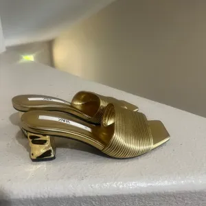 Zara Gold Kitten Heels Mules Sandals Holidays Comfort Party Shoes Celebration 5‎