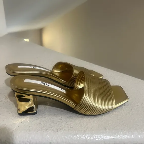 Zara Gold Kitten Heels Mules Sandals Holidays Comfort Party Shoes Celebration 5‎