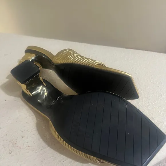 Zara Gold Kitten Heels Mules Sandals Holidays Comfort Party Shoes Celebration 5‎