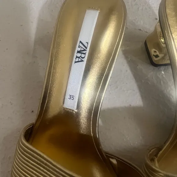 Zara Gold Kitten Heels Mules Sandals Holidays Comfort Party Shoes Celebration 5‎