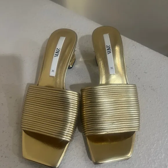 Zara Gold Kitten Heels Mules Sandals Holidays Comfort Party Shoes Celebration 5‎