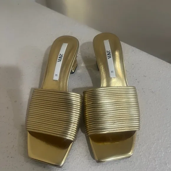 Zara Gold Kitten Heels Mules Sandals Holidays Comfort Party Shoes Celebration 5‎